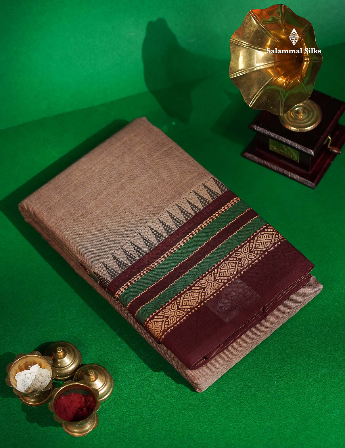 Chettinad Pure Cotton Saree - Dual Tone Brown Colour Body Plain With Thread Work Border