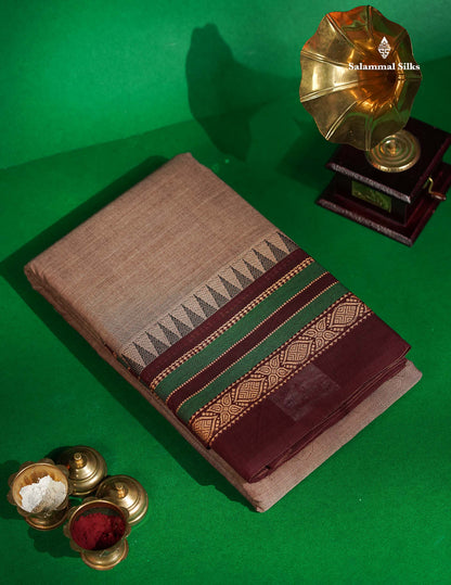 Chettinad Pure Cotton Saree - Dual Tone Brown Colour Body Plain With Thread Work Border