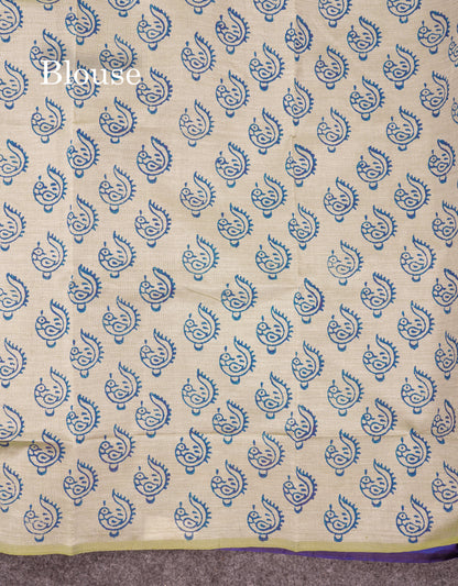 Beautiful Royal Blue South Cotton Printed Saree With Contrast Green White Blouse