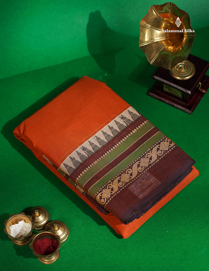 Chettinad Pure Cotton Saree - Rust Orange Colour Body Plain With Thread Work Border