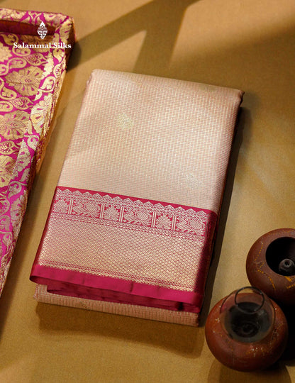 Beautiful Light Peach Vaira Oosi Tiny Checks With Butta Semi Silk Saree With Contrast Pink Traditional Border