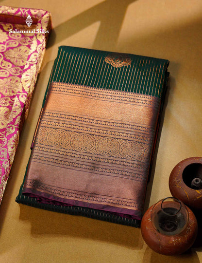 Beautiful Bottle Green Zari Lines With Butta Semi Silk Saree With Traditional Evening Morning Border