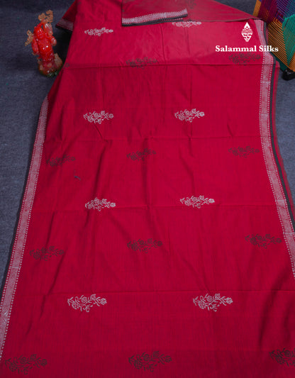 Beautiful Dark Maroon South Cotton Printed Saree With Contrast Grey White Blouse