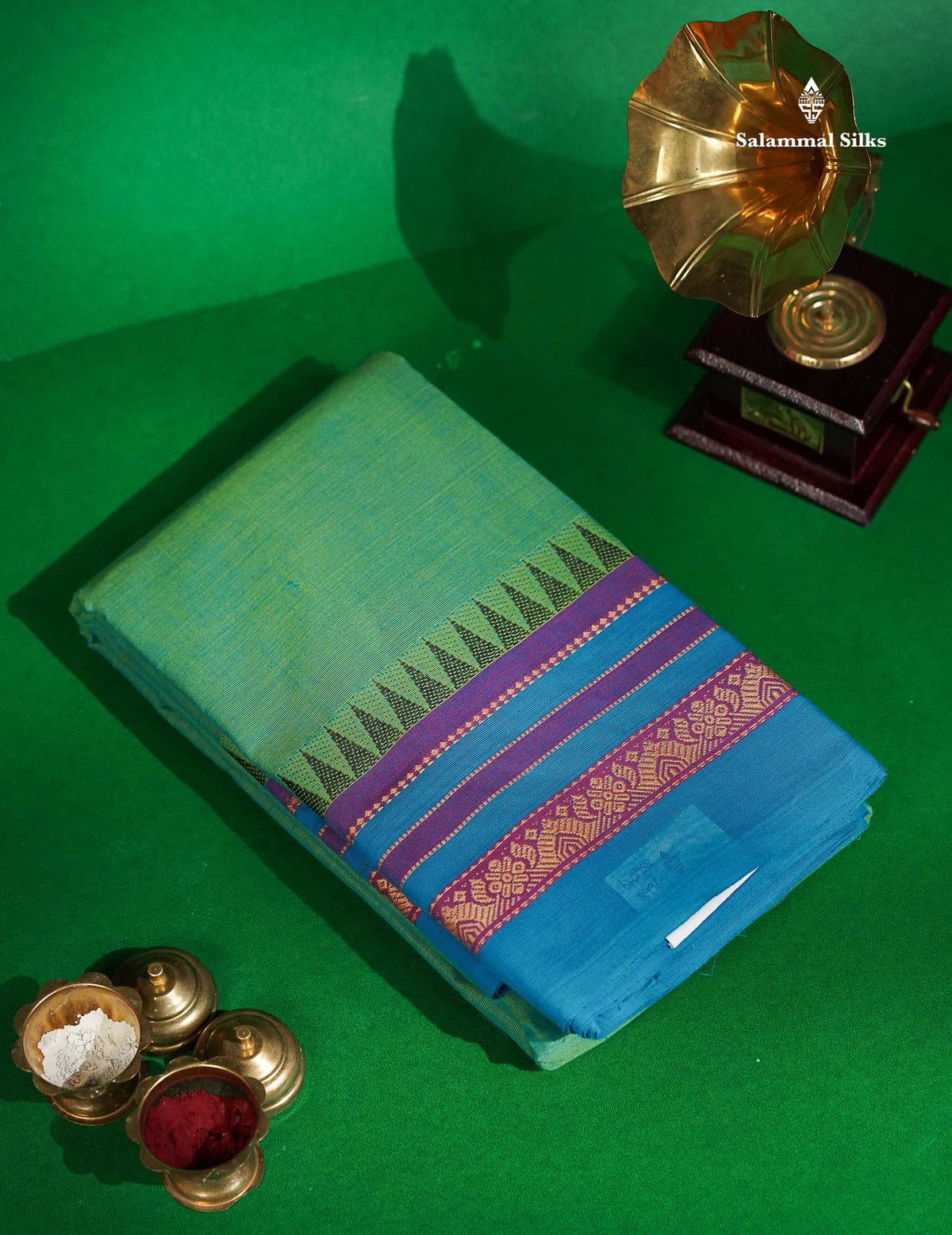 Chettinad Pure Cotton Saree - Sapphire Green Colour Body Plain With Thread Work Border