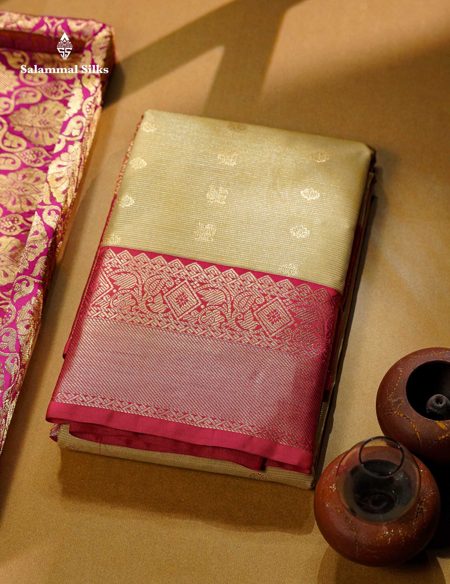 Beautiful Cream Sandal Vaira Oosi Line With Butta Semi Silk Saree With Contrast Pink Traditional Border
