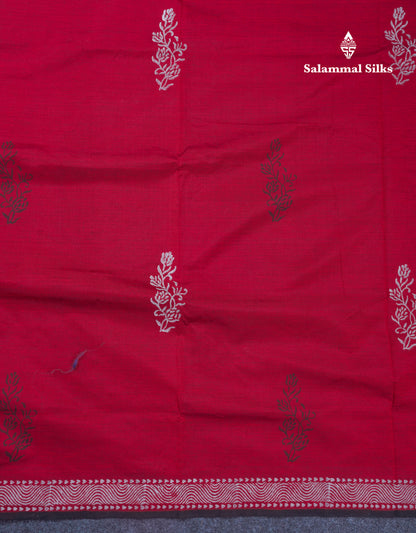 Beautiful Dark Maroon South Cotton Printed Saree With Contrast Grey White Blouse