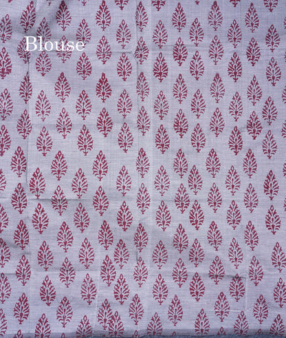 Beautiful Dark Maroon South Cotton Printed Saree With Contrast Grey White Blouse