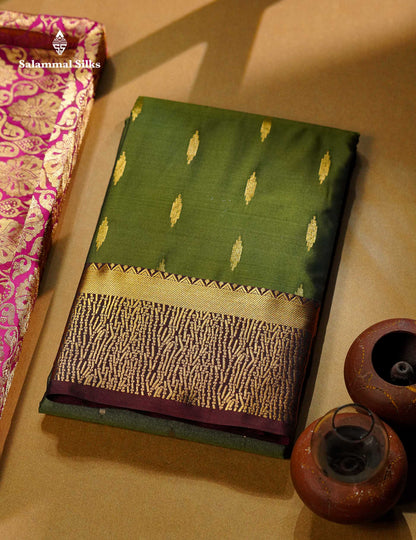 Beautiful Olive Green Malli Moggu Butta Semi Silk Saree With Contrast Dark Brown Fancy Border