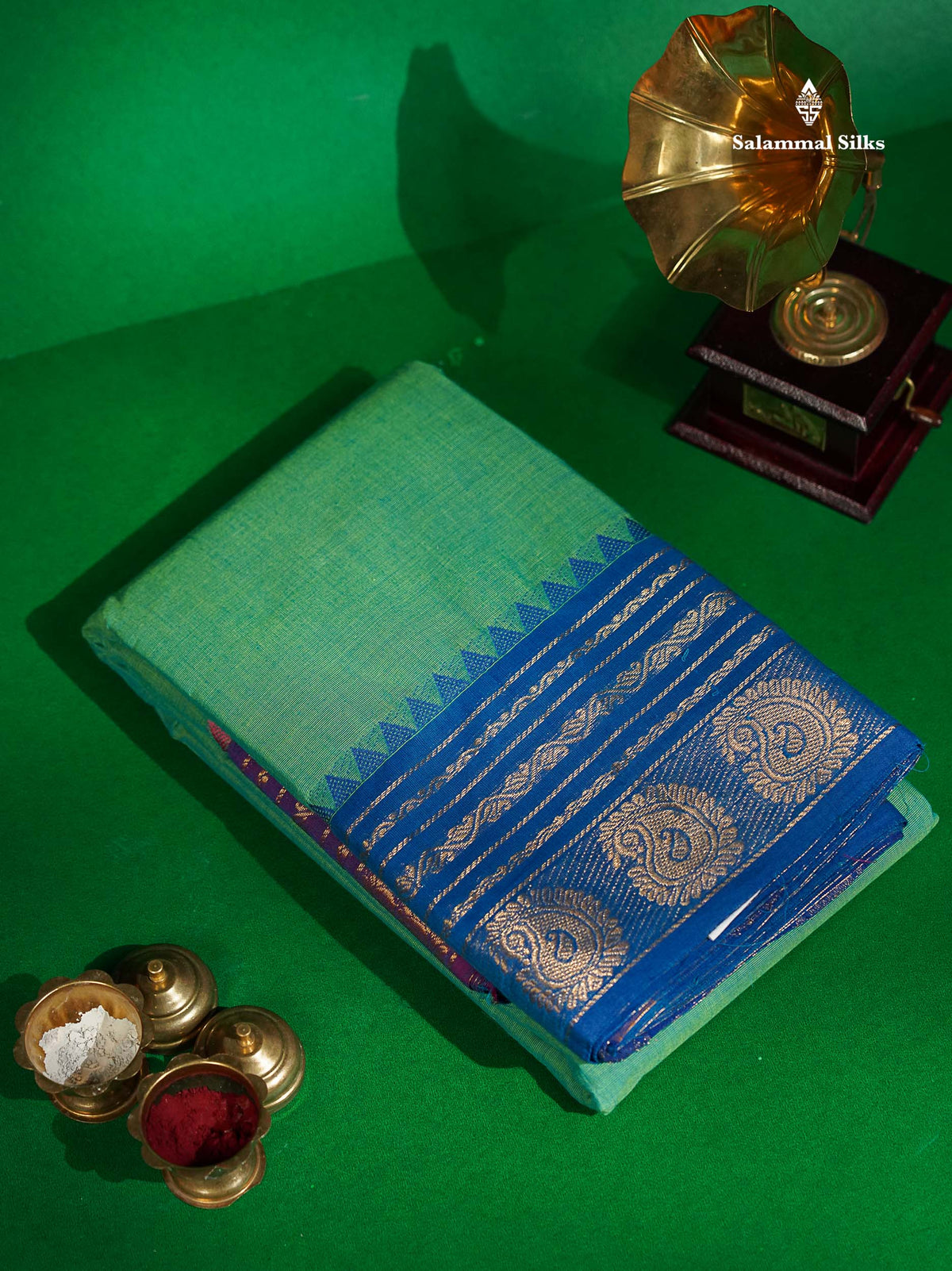 Chettinad Pure Cotton Saree - Sapphire Green  Colour Body Plain With Ganga Jamuna Border 