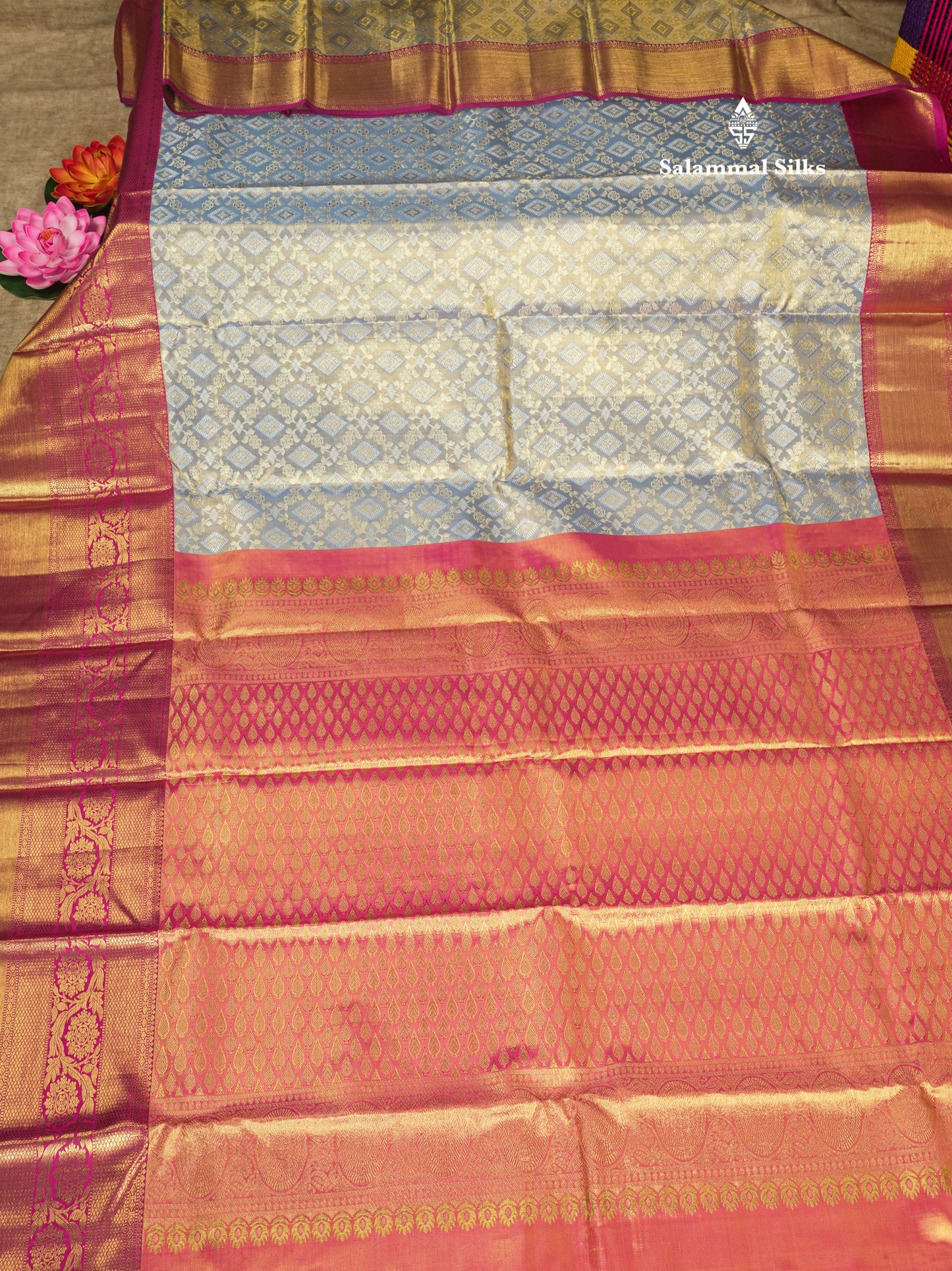 Beautiful Blue Shade Tissue Bridal Pure Kanjivaram Silk Saree With Contrast Magenta Long Border
