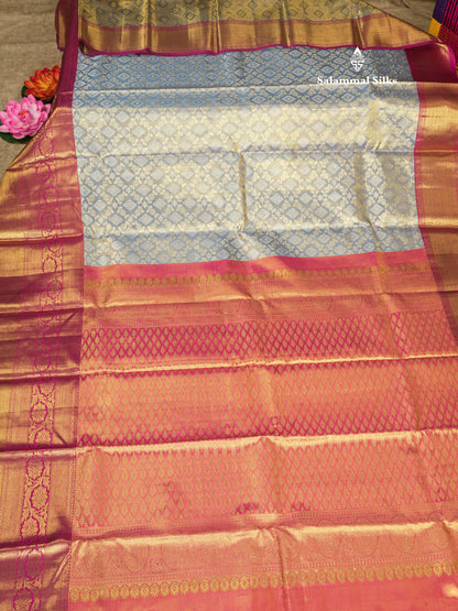 Beautiful Blue Shade Tissue Bridal Pure Kanjivaram Silk Saree With Contrast Magenta Long Border