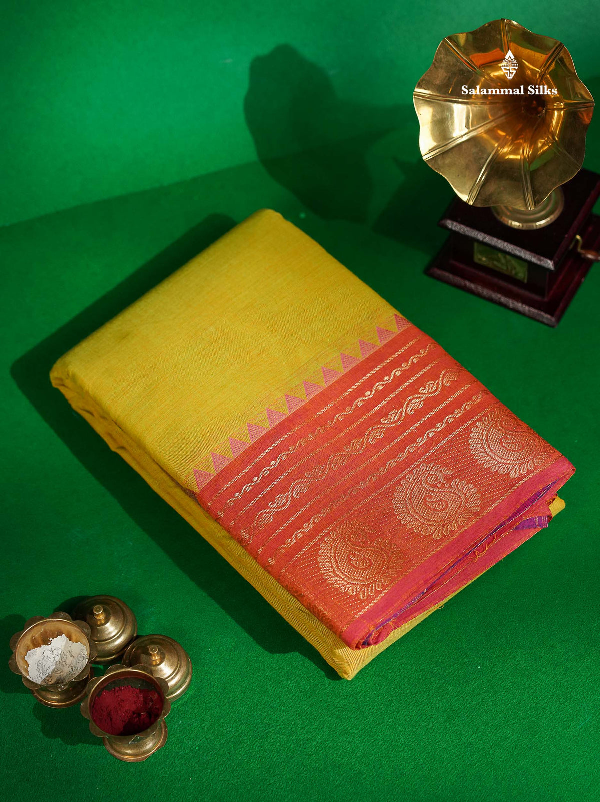 Chettinad Pure Cotton Saree - Lemon Yellow Colour Body Plain With Ganga Jamuna Border 
