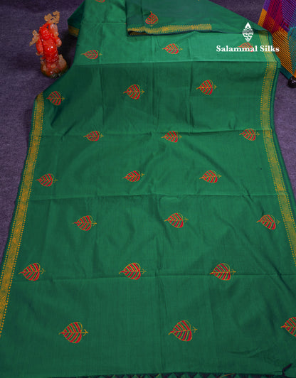 Beautiful Green South Cotton Printed Saree With Contrast Mustard Yellow Blouse