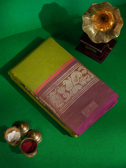 Beautiful Green Plain Pure Chettinad Cotton Saree With Traditional Ganga Jamuna Border