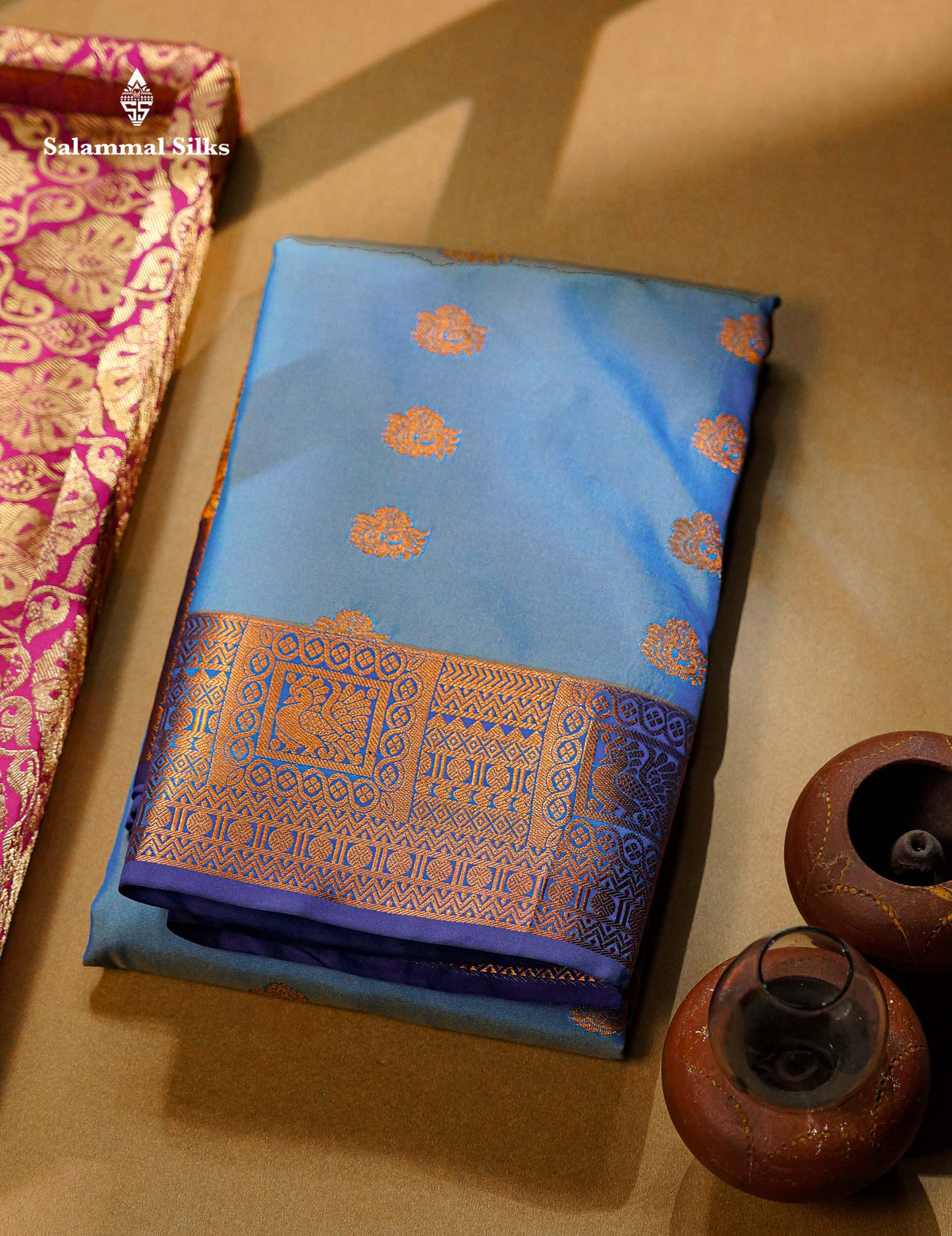 Beautiful Light  Blue Semi Silk Saree With Contrast Peacock Blue Traditional Border