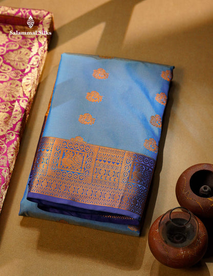 Beautiful Light  Blue Semi Silk Saree With Contrast Peacock Blue Traditional Border