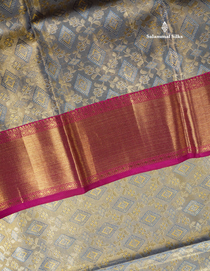 Beautiful Blue Shade Tissue Bridal Pure Kanjivaram Silk Saree With Contrast Magenta Long Border