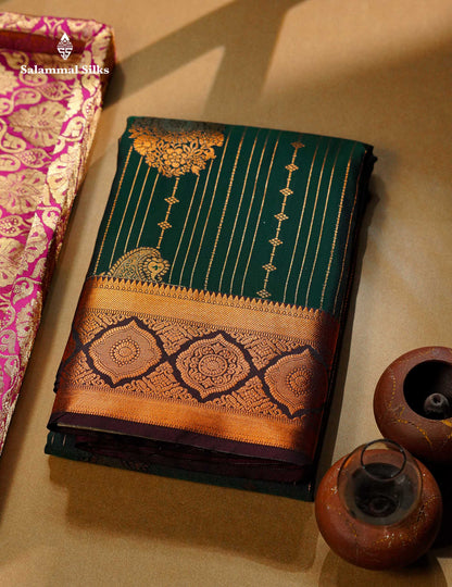 Beautiful Dark Maroon Zari Lines With Butta Semi Silk Saree With Contrast Bottle Green Traditional Border