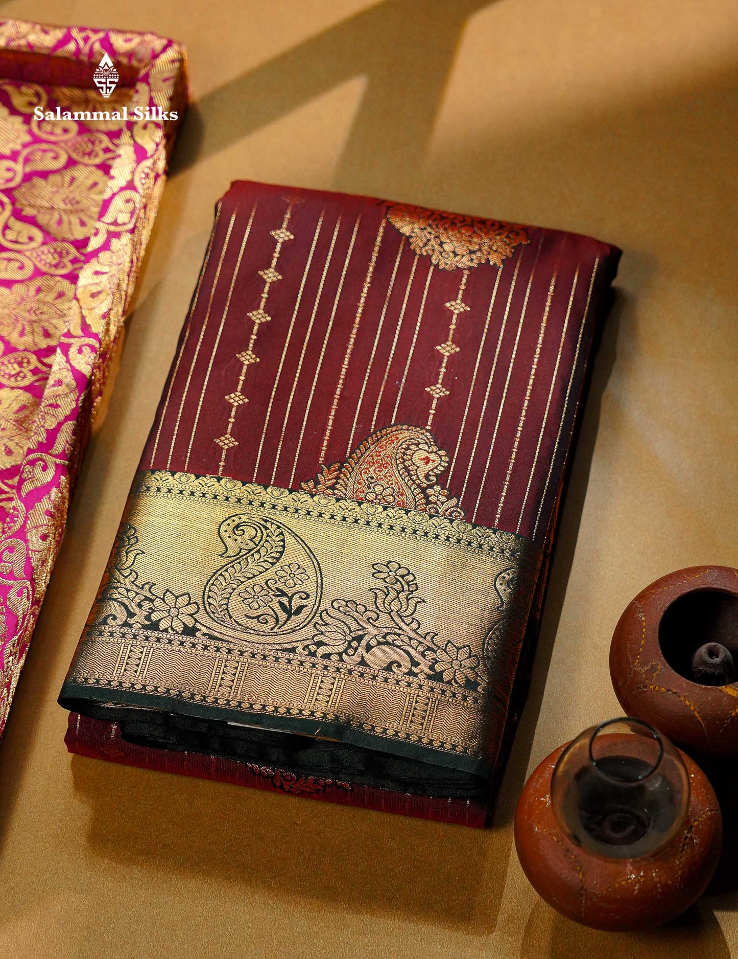 Beautiful Magenta Vertical Zari Line With Butta Semi Silk Saree With Contrast Peacock Blue Traditional Border