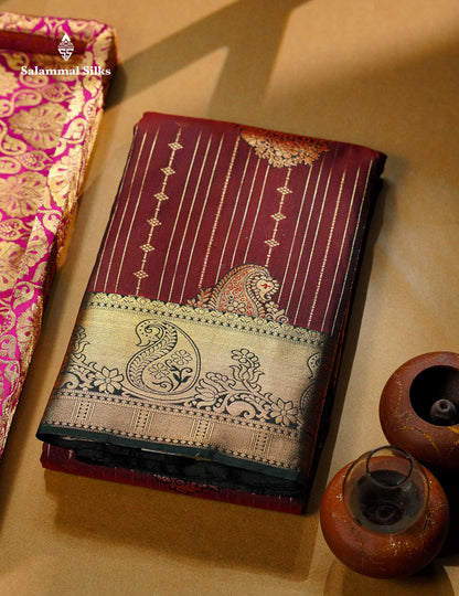 Beautiful Magenta Vertical Zari Line With Butta Semi Silk Saree With Contrast Peacock Blue Traditional Border