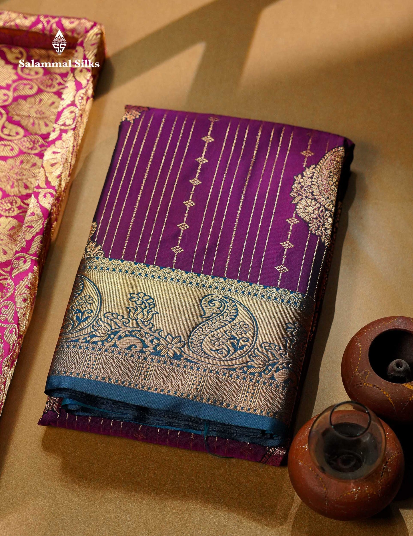 Beautiful Magenta Vertical Zari Line With Butta Semi Silk Saree With Contrast Peacock Blue Traditional Border
