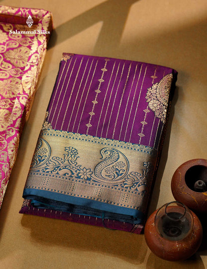 Beautiful Magenta Vertical Zari Line With Butta Semi Silk Saree With Contrast Peacock Blue Traditional Border