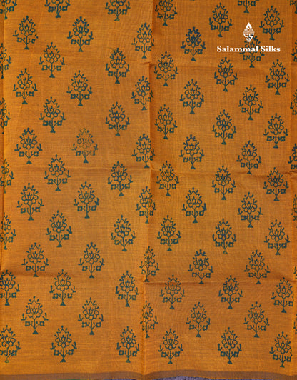 Beautiful Green South Cotton Printed Saree With Contrast Mustard Yellow Blouse