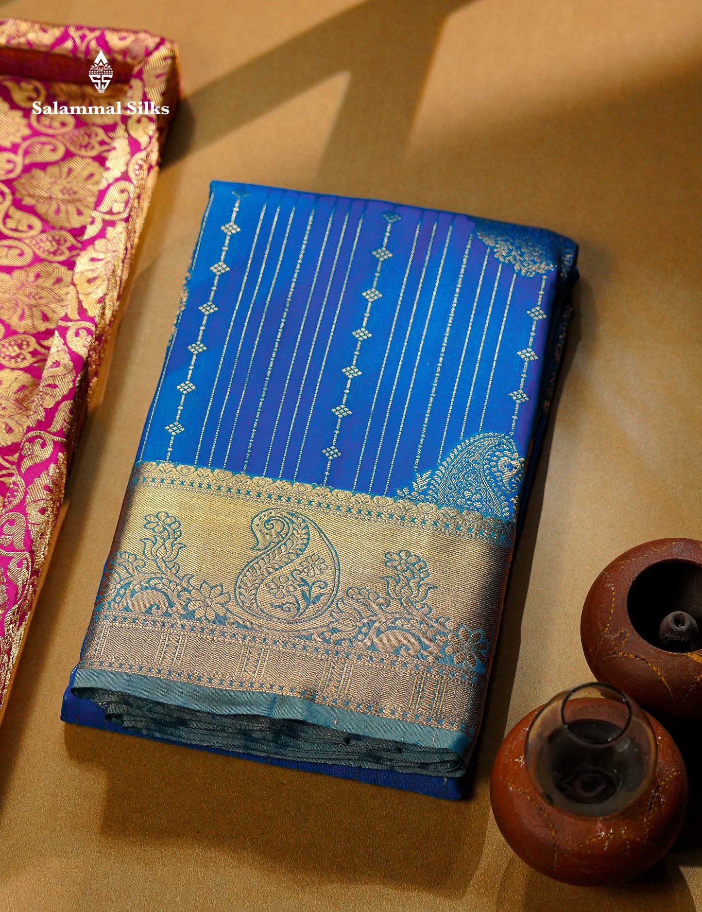 Beautiful Magenta Vertical Zari Line With Butta Semi Silk Saree With Contrast Peacock Blue Traditional Border