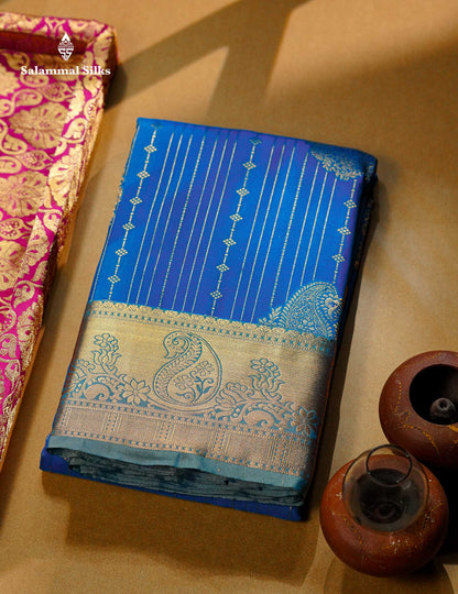 Beautiful Magenta Vertical Zari Line With Butta Semi Silk Saree With Contrast Peacock Blue Traditional Border