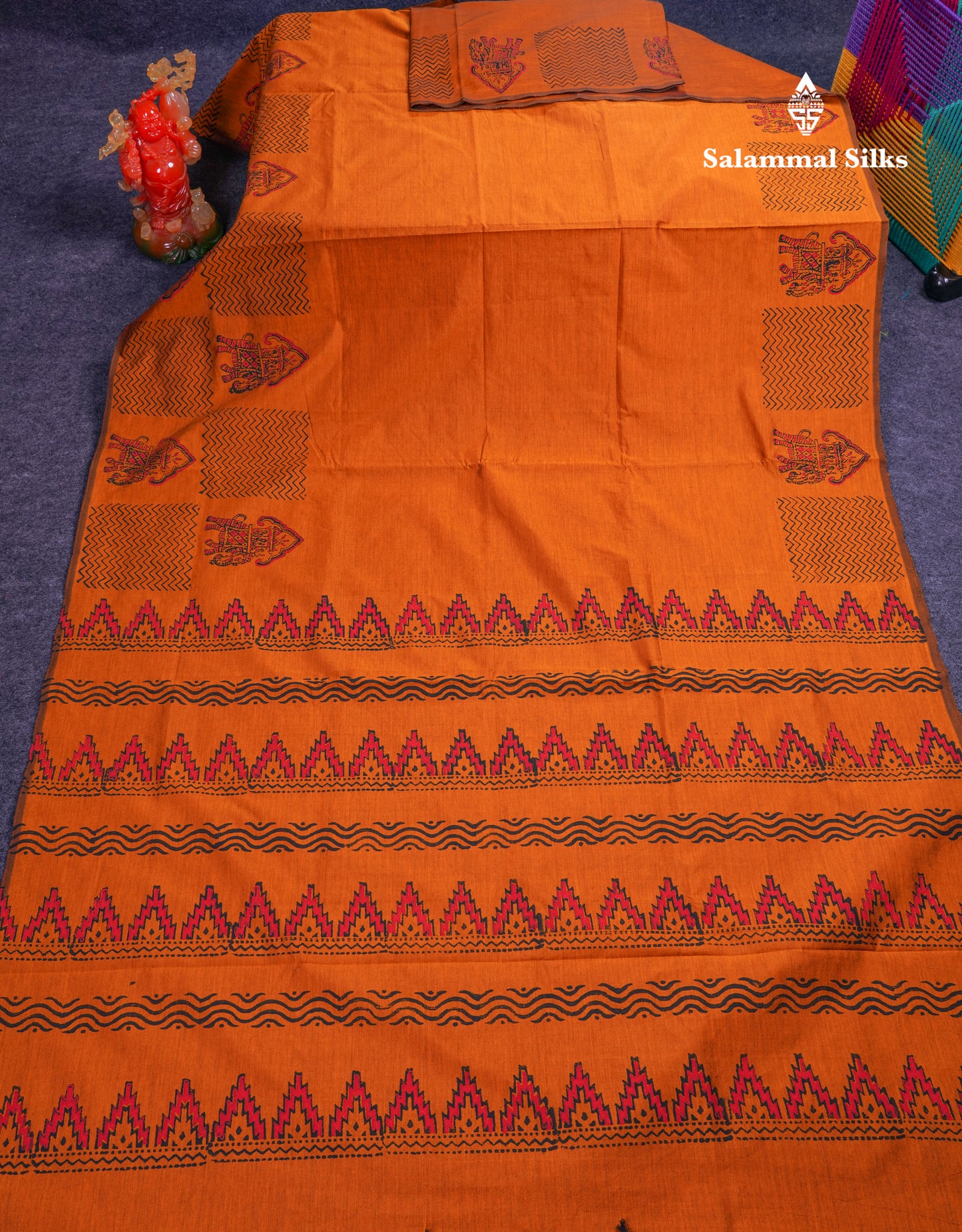 Beautiful Light Orange South Cotton Printed Saree With Contrast Black Blouse