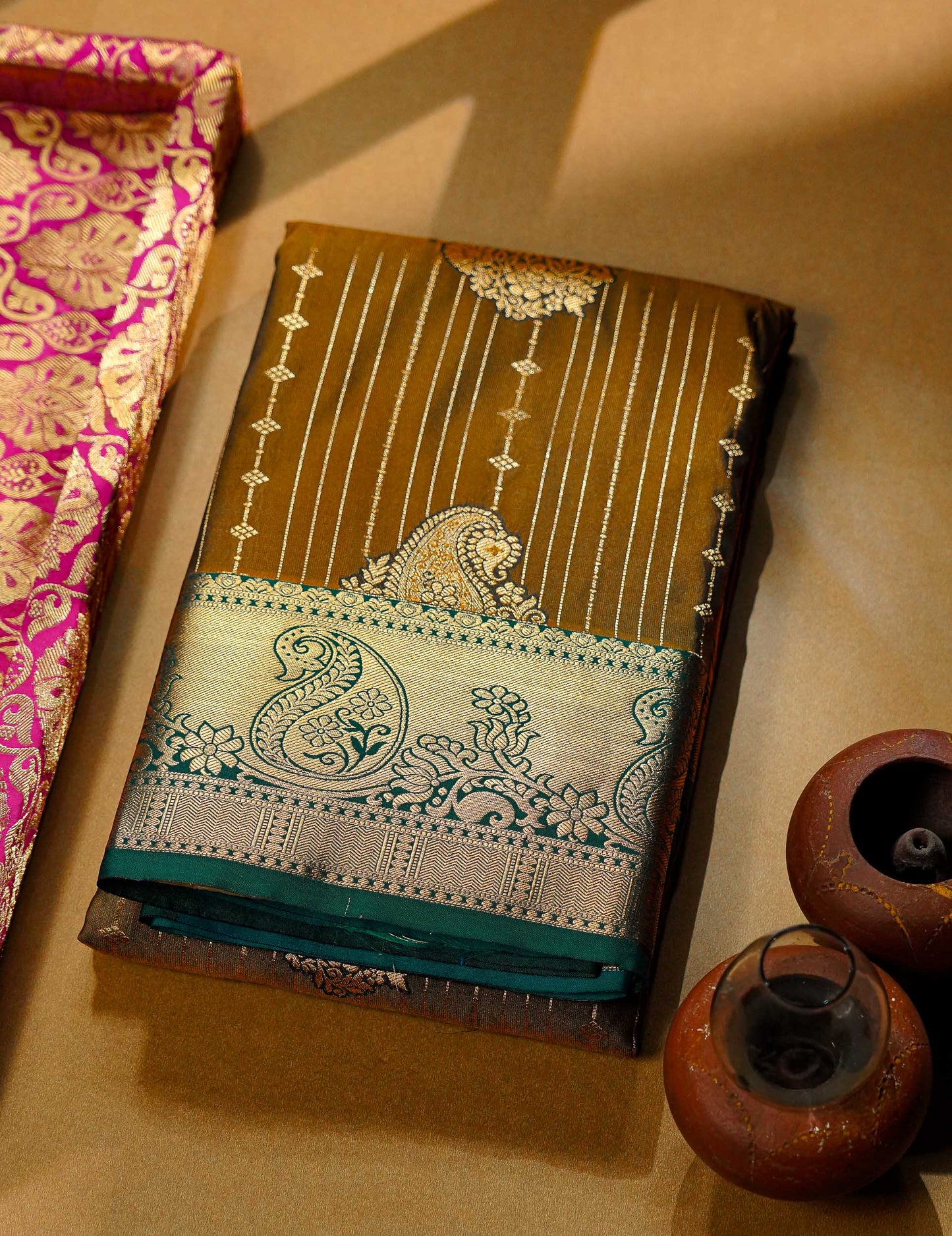 Beautiful Magenta Vertical Zari Line With Butta Semi Silk Saree With Contrast Peacock Blue Traditional Border