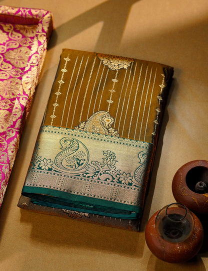 Beautiful Magenta Vertical Zari Line With Butta Semi Silk Saree With Contrast Peacock Blue Traditional Border