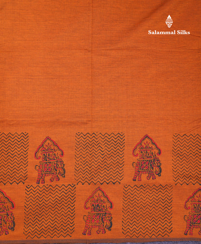 Beautiful Light Orange South Cotton Printed Saree With Contrast Black Blouse
