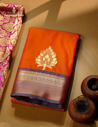 Beautiful Orange Semi Silk Saree With Contrast Sapphire Green Traditional Border