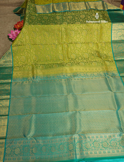 Parrot Green Bridal Pure Kanjivaram Silk Saree With Contrast Sea Green Border
