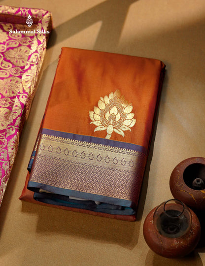 Beautiful Rust Orange Big Zari Butta Semi Silk Saree With Contrast Sapphire Green Blouse