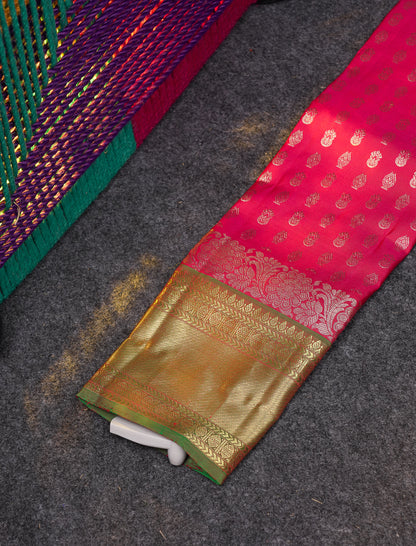 Beautiful Pure Silk Pattu Pavadai (Rani Pink) With Contrast Parrot Green Blouse 18"