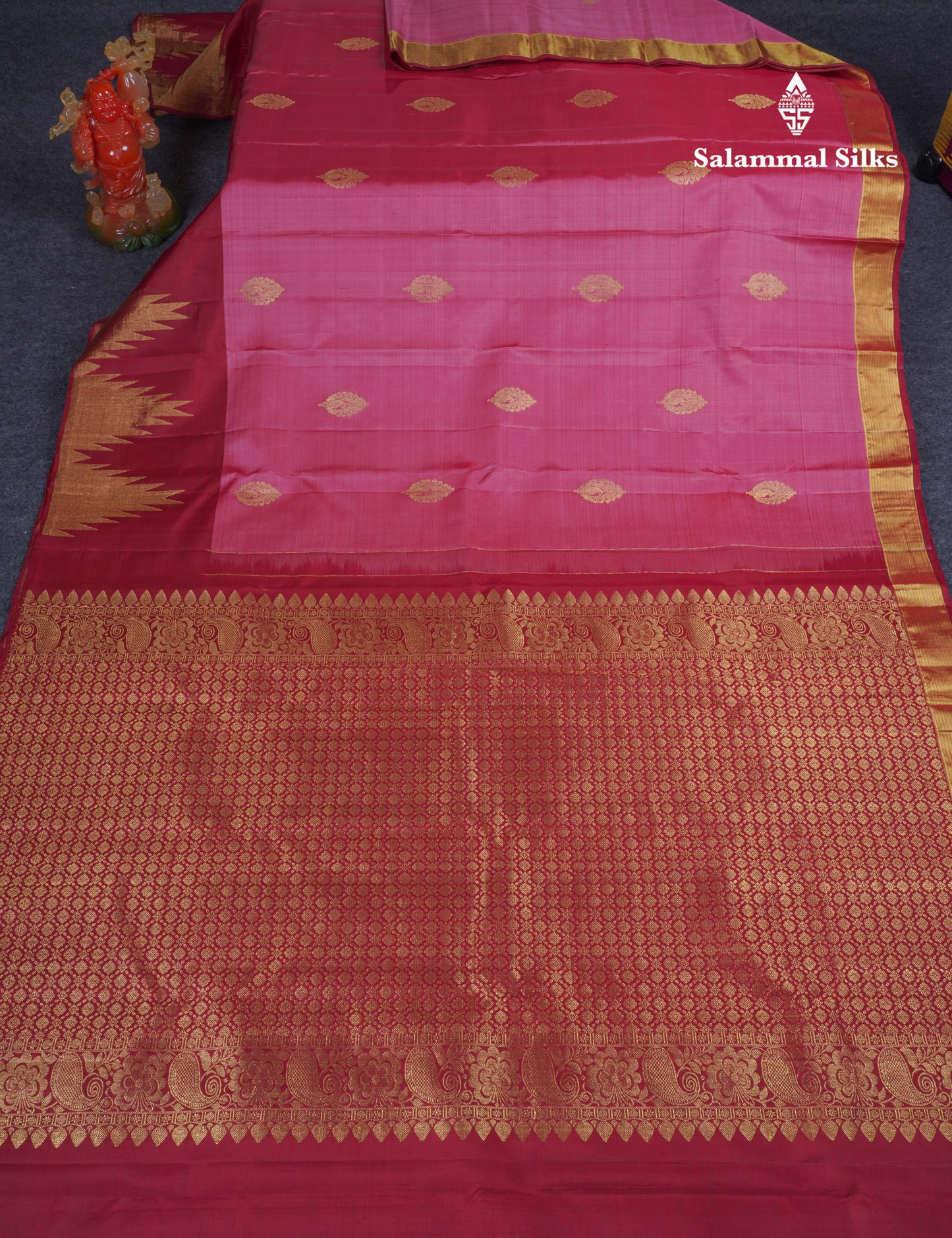 Beautiful Onion Pink Pure Kanjivaram Silk Saree With Contrast Maroon Traditional Temple Border
