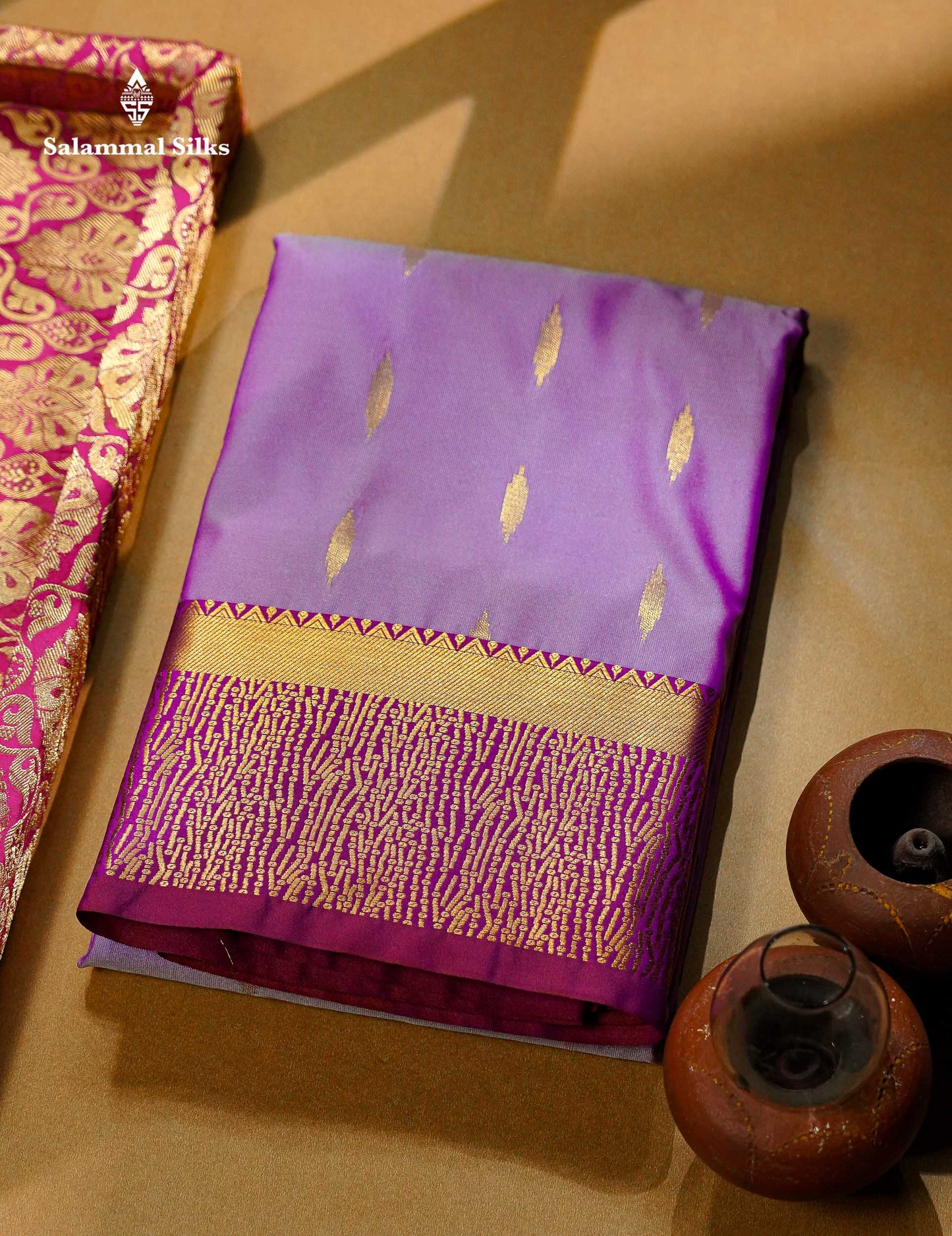 Beautiful Light Lavender Zari Butta Semi Silk Saree With Contrast Maroon Fancy Border