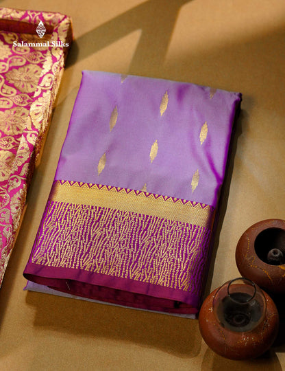 Beautiful Light Lavender Zari Butta Semi Silk Saree With Contrast Maroon Fancy Border