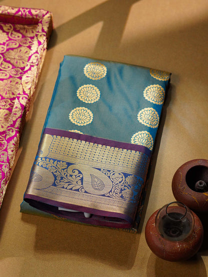 Beautiful Pastel Blue Zari Butta Semi Silk Saree With Contrast Magenta Traditional Border