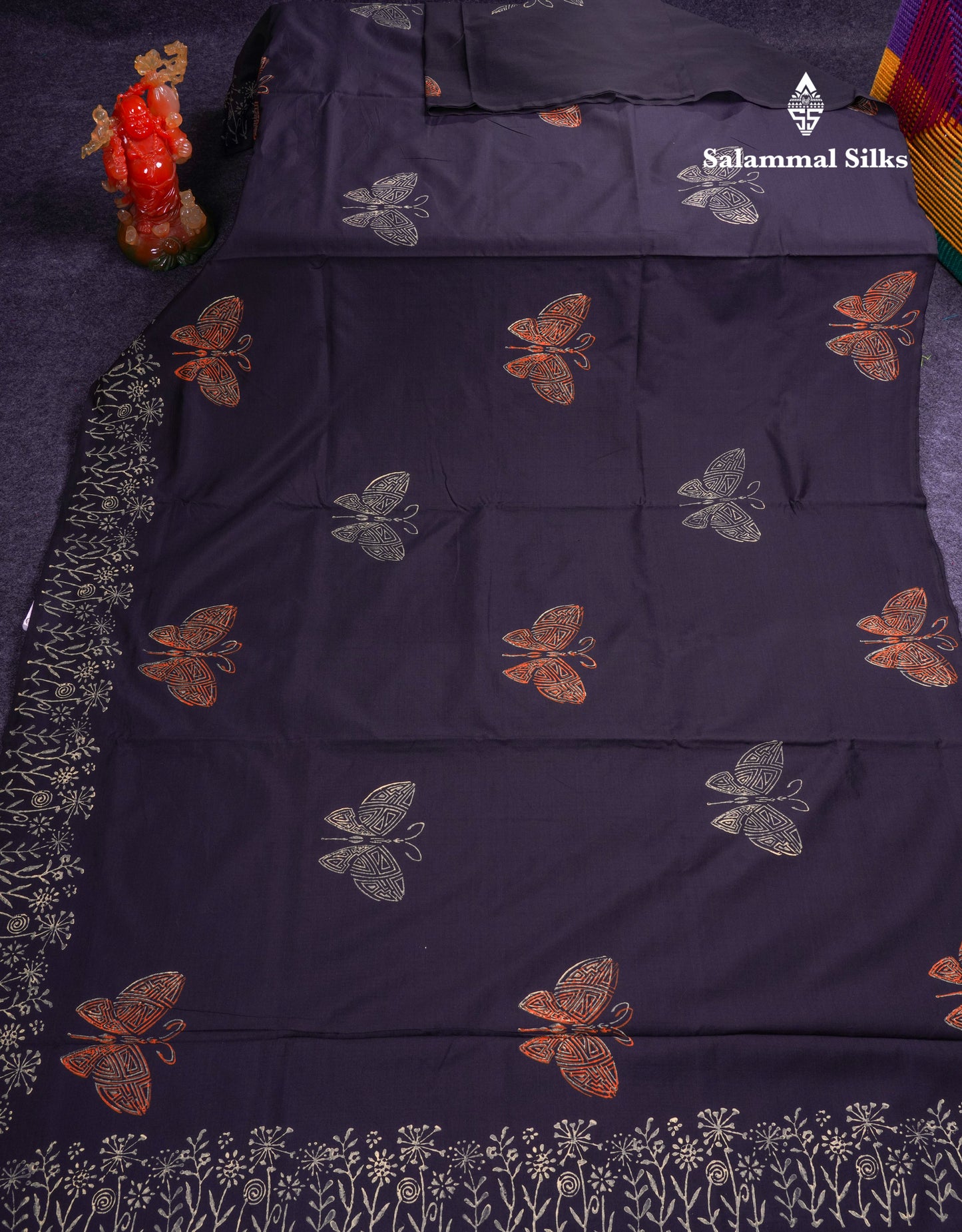 Beautiful Black South Cotton Printed Saree With Contrast Cream Sandal Blouse