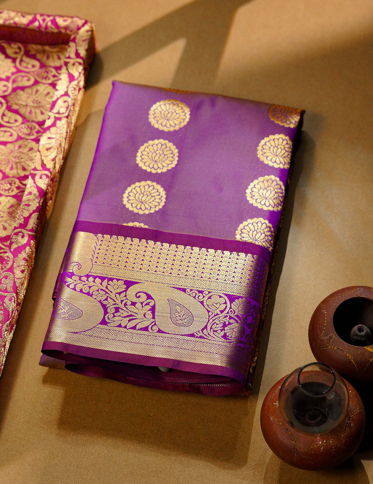 Beautiful Pastel Blue Zari Butta Semi Silk Saree With Contrast Magenta Traditional Border