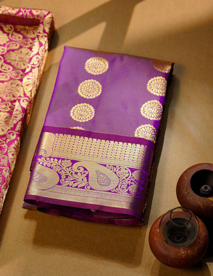 Beautiful Pastel Blue Zari Butta Semi Silk Saree With Contrast Magenta Traditional Border