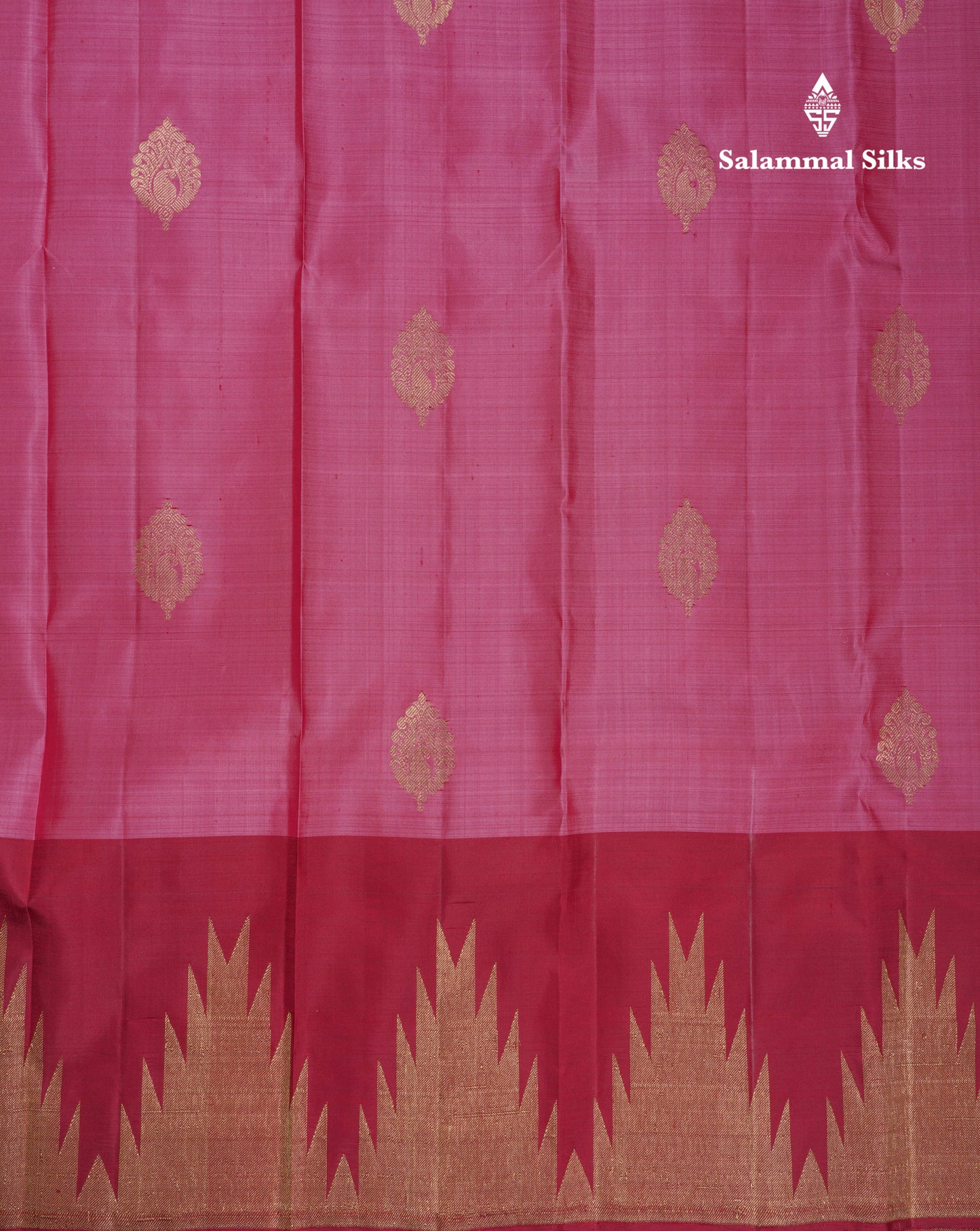 Beautiful Onion Pink Pure Kanjivaram Silk Saree With Contrast Maroon Traditional Temple Border