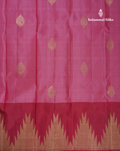 Beautiful Onion Pink Pure Kanjivaram Silk Saree With Contrast Maroon Traditional Temple Border