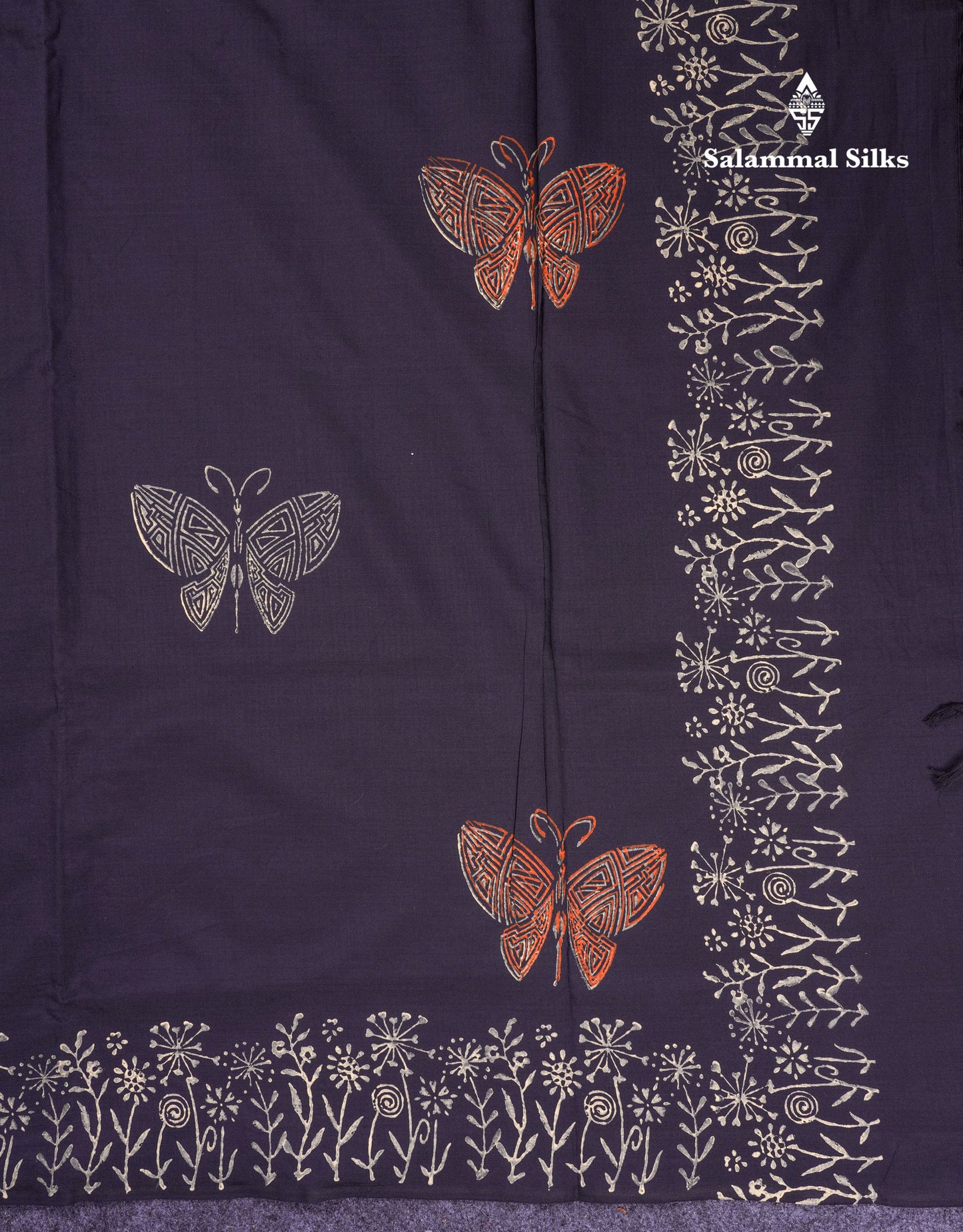 Beautiful Black South Cotton Printed Saree With Contrast Cream Sandal Blouse