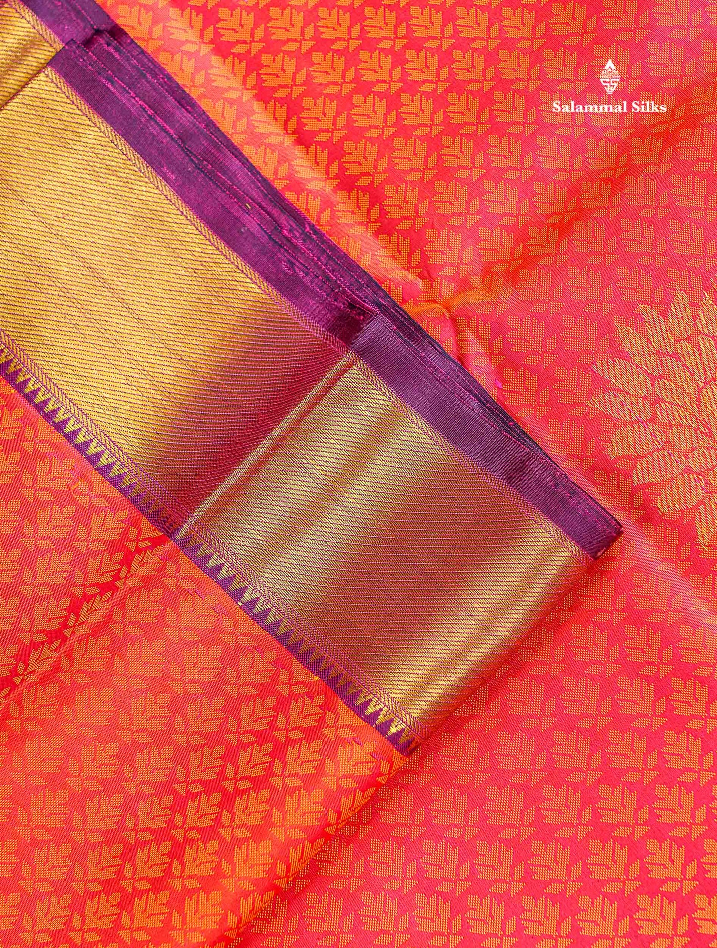 Pure Kanjivaram Silk Saree - Orange Colour Body With Magenta Traditional Evening Morning Border