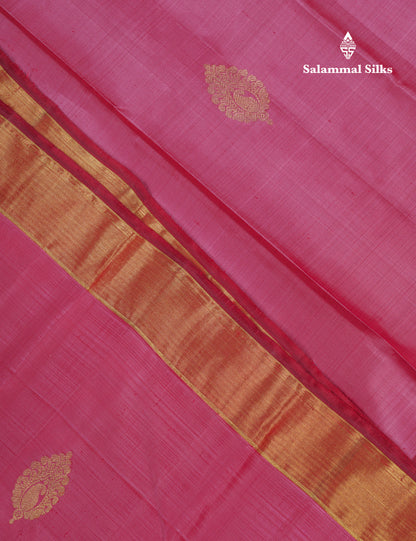 Beautiful Onion Pink Pure Kanjivaram Silk Saree With Contrast Maroon Traditional Temple Border