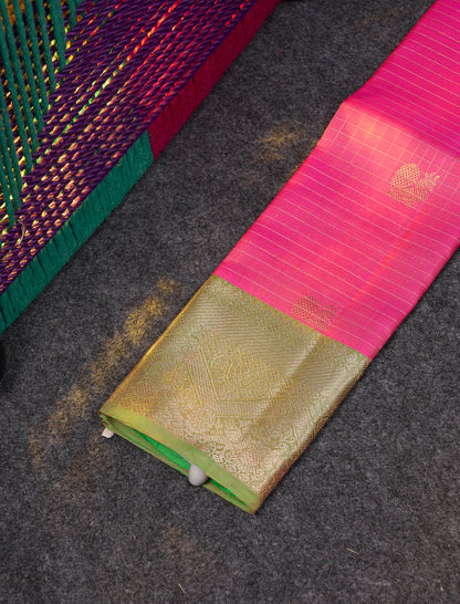Beautiful Pure Silk Pattu Pavadai Zari Checks With Butta (Pink) With Contrast Parrot Green Blouse 18"